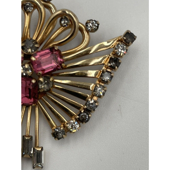 M&S 1/20 12K G.F Clear & Pink Rhinestone VTG 1950s Prong Set Brooch Pendant - Picture 2 of 9